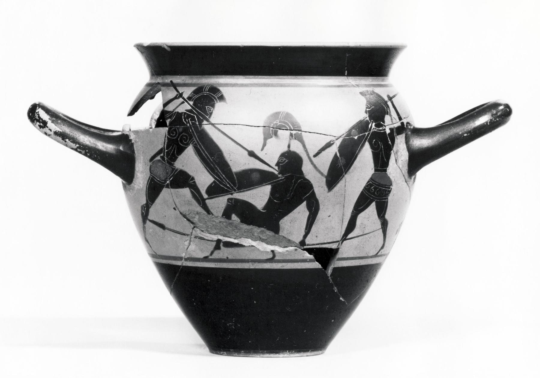 Drinking cup with battle scene (A) and an elderly, seated man between two youths (B), H551