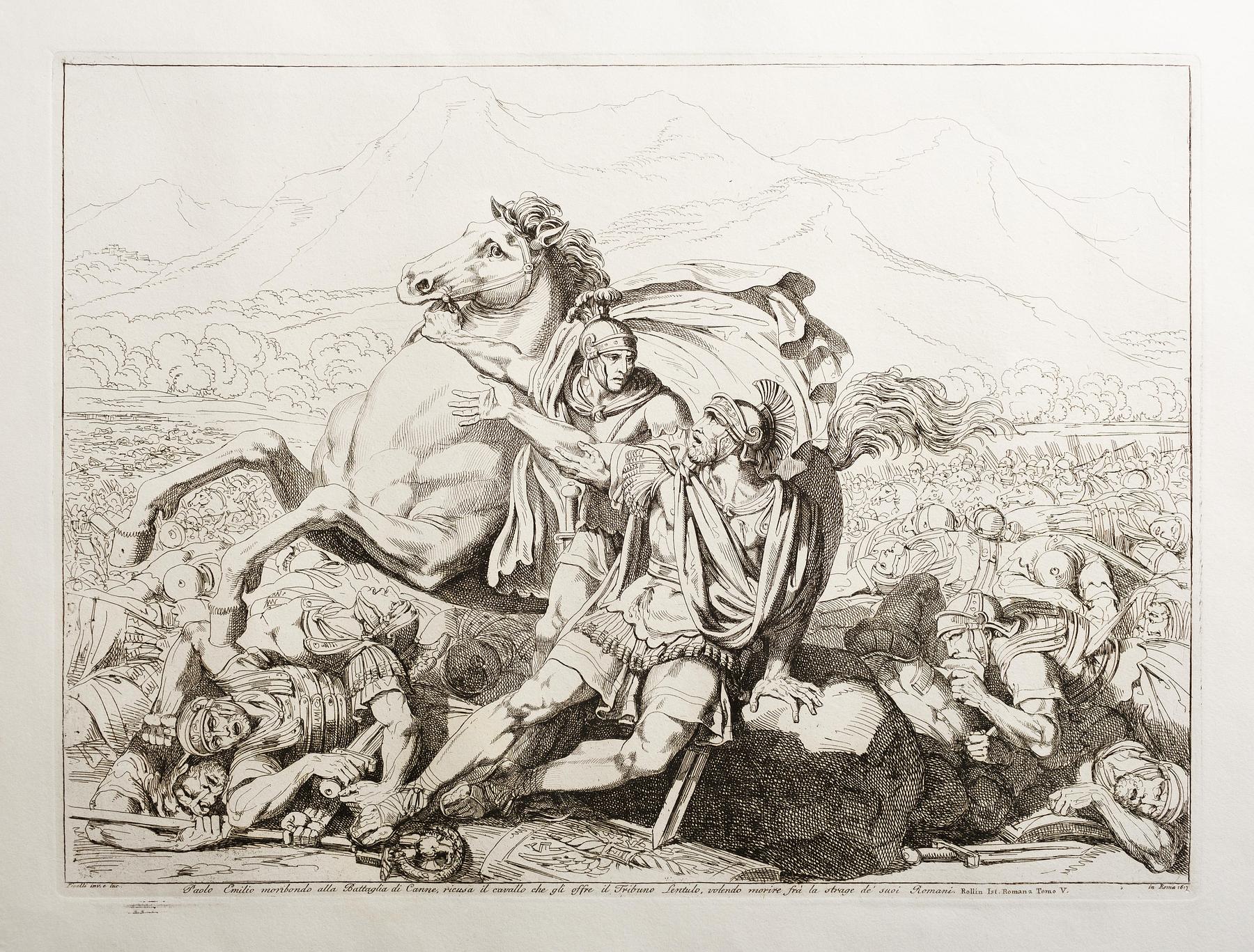 Paolo Emilio moribondo alla Battiglia di Canne, ricusa il cavallo che gli offre il Tribuno Lentulo, volendo morire fra la strage de' suoi, E943,57