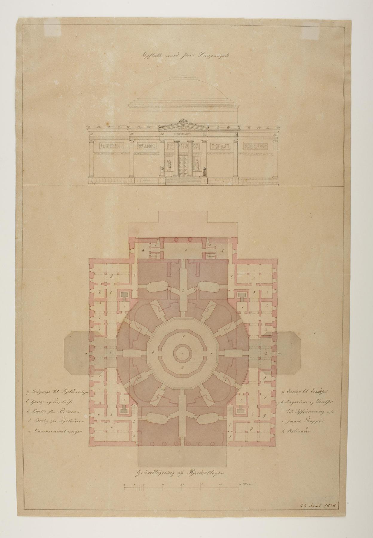 Thorvaldsens Museum, projekt med udgangspunkt i den ufuldendte Frederiks Kirke kaldt Marmorkirken, opstalt og plan, D833