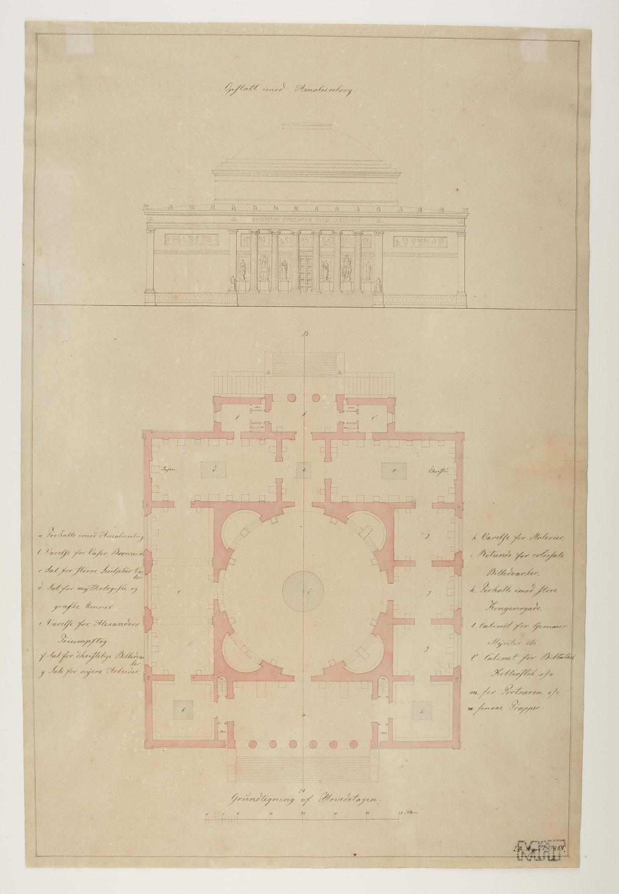 Thorvaldsen's Museum, Project Taking Departure in the Uncompleted Frederik's Church in Copenhagen, Elevation and Ground Plan, D832