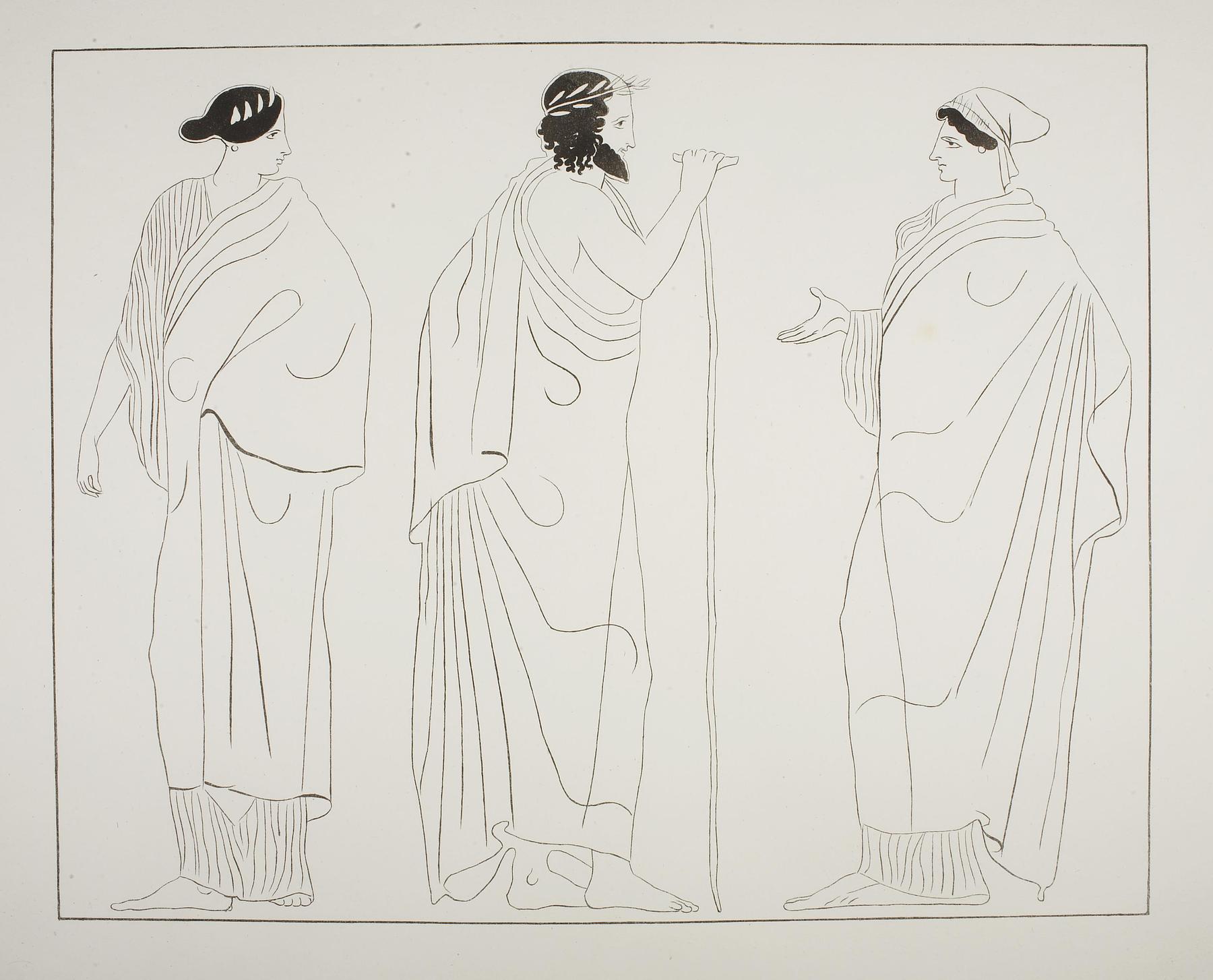 Tre stående figurer: en mand flankeret af to kvinder. Vase, E1587