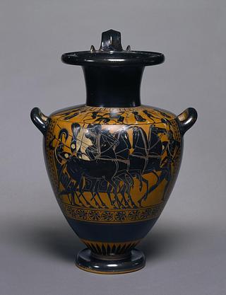 H556 Hydria with chariot scene (body) and Dionysos among sileni and nymphs (shoulder)