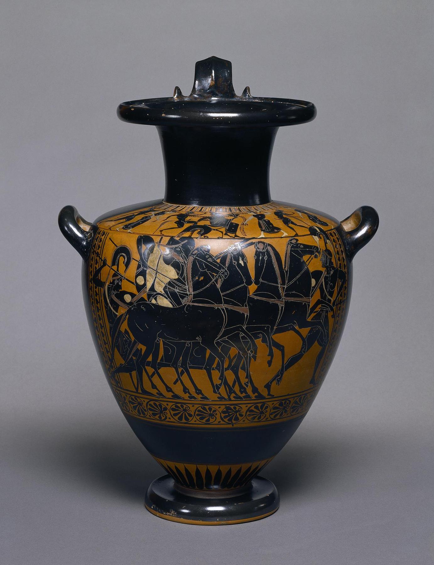 Hydria with chariot scene (body) and Dionysos among sileni and nymphs (shoulder), H556