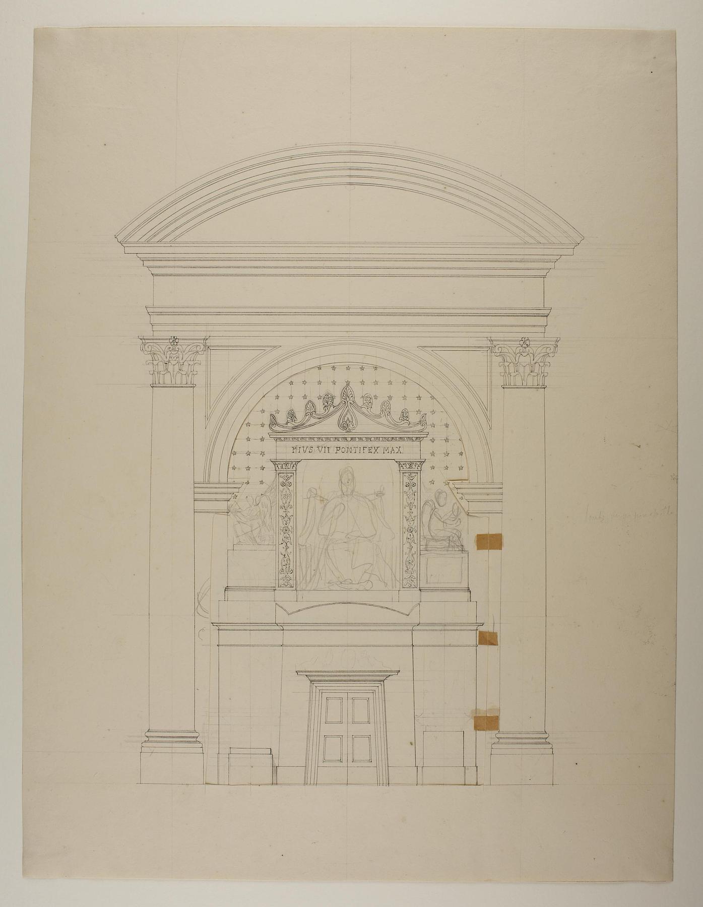 Monument over Pius 7. tegnet ind i opstalt af nichen, C309r