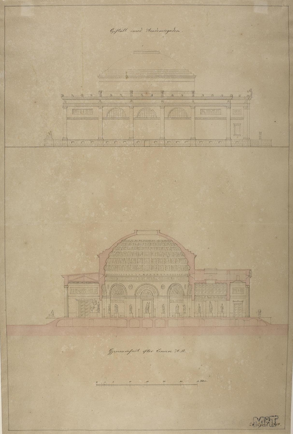 Thorvaldsens Museum, projekt med udgangspunkt i den ufuldendte Frederiks Kirke kaldt Marmorkirken, opstalt og snit, D834