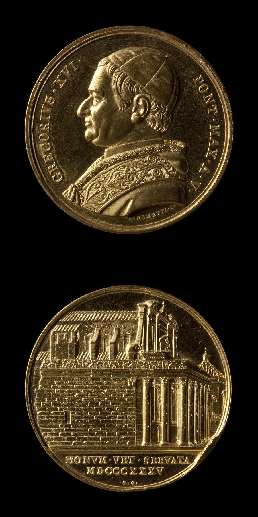 Medaljens forside: Pave Gregor 16. Medaljens bagside: Antonins og Faustinas Tempel ved Forum, F77