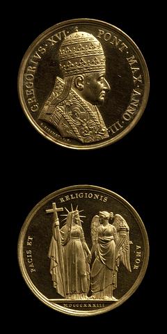 F76 Medaljens forside: Pave Gregor 16. Medaljens bagside: Religionen