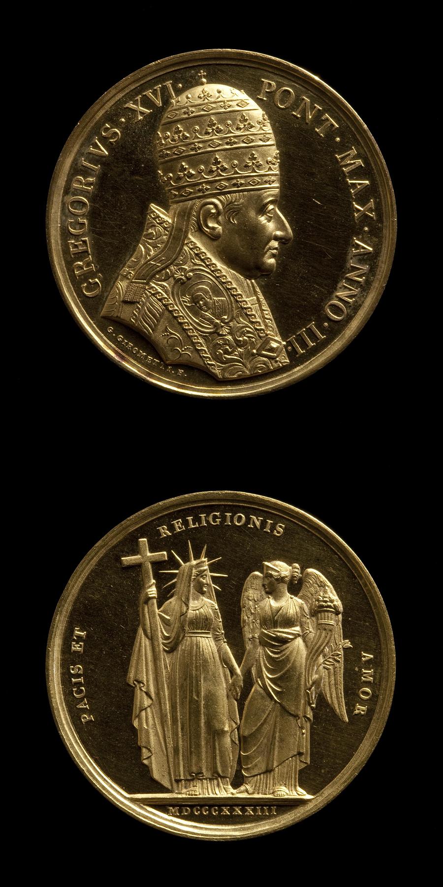 Medaljens forside: Pave Gregor 16. Medaljens bagside: Religionen, F76