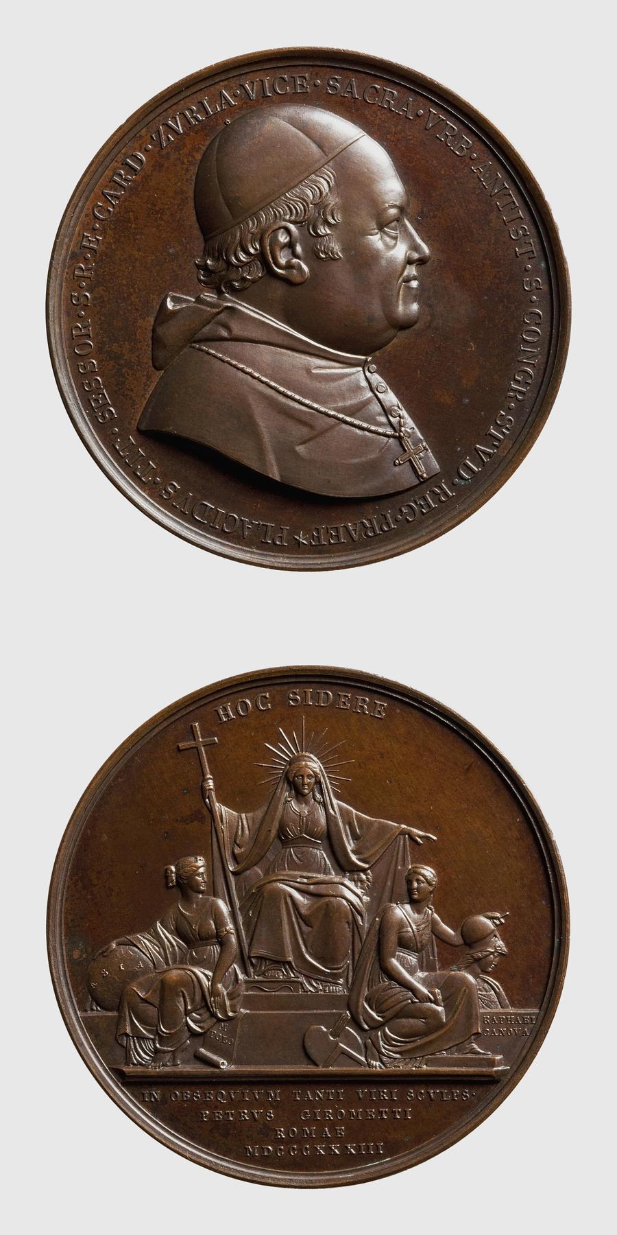Medaljens forside: Kardinal Zurla. Medaljens bagside: Religionen troner oven over Geografien og Kunsten, F81