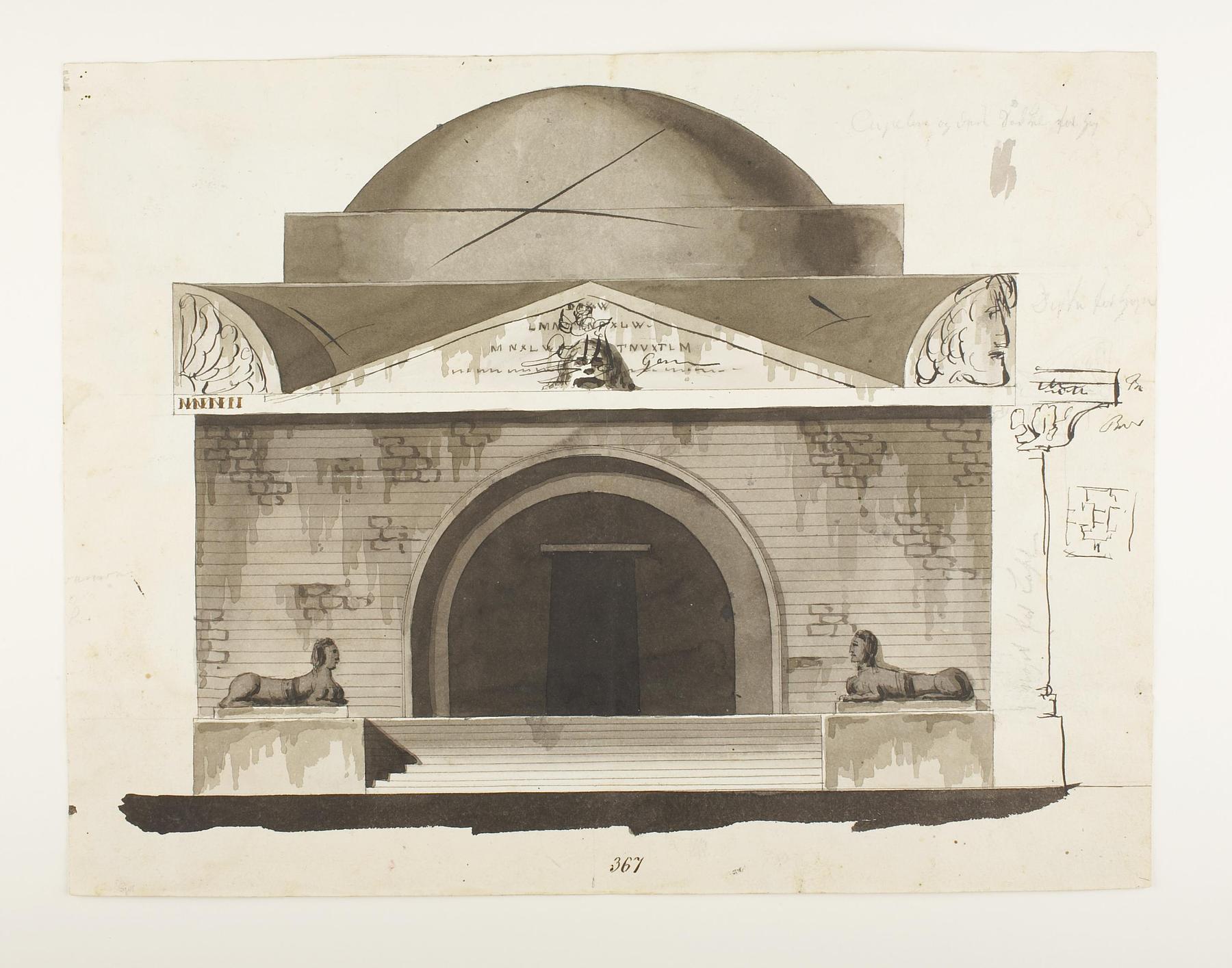 Udkast til et mausoleum eller gravkapel i antik stil, opstalt af facade, D855