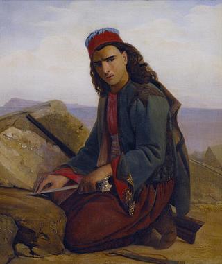 B93 En ung græker hvæsser sin dolk på en klippe