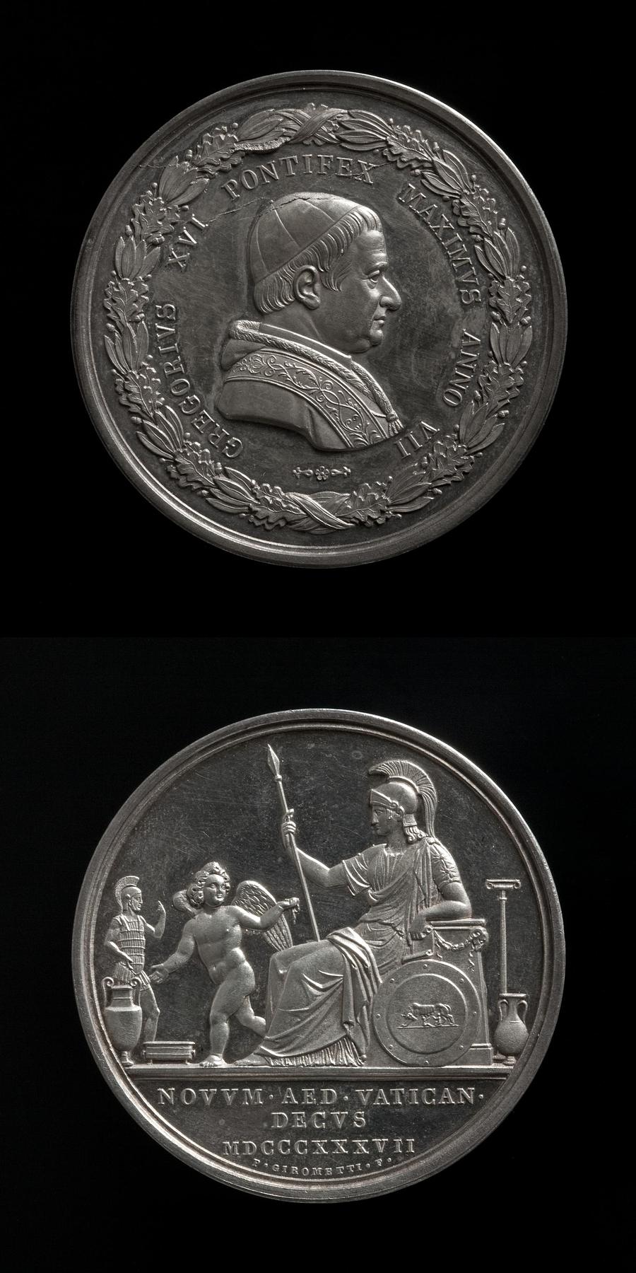 Medaljens forside: Pave Gregor 16. Medaljens bagside: En vinget genius viser Roma de etruskiske antikker, F82