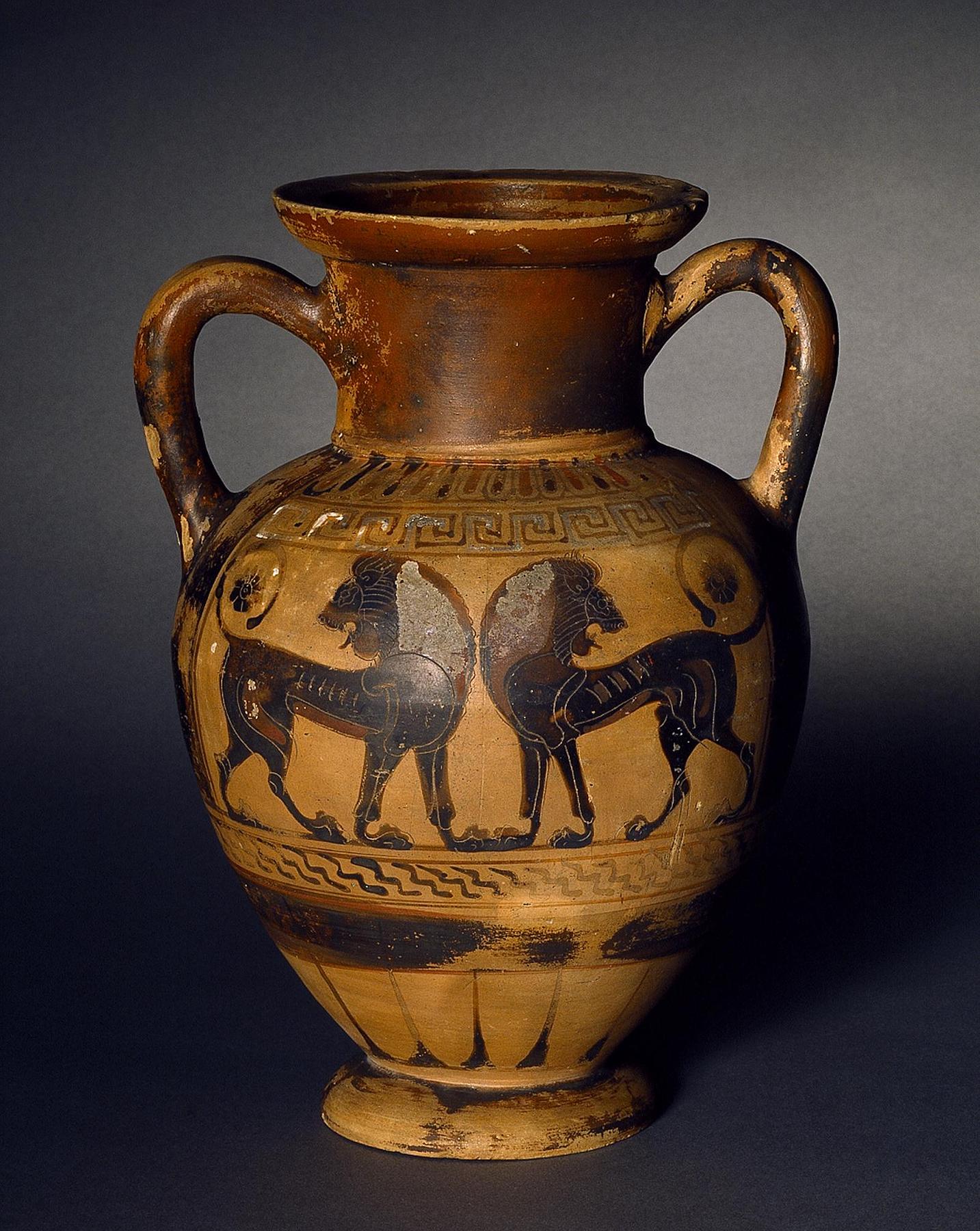 Amfora med to ridende ynglinge (A) og heraldiske løver (B), H570