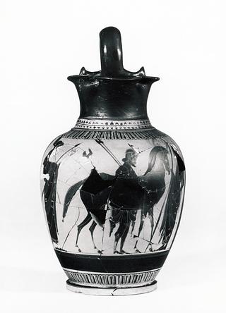 H565 Oinochoe with two men and a woman in a departure scene