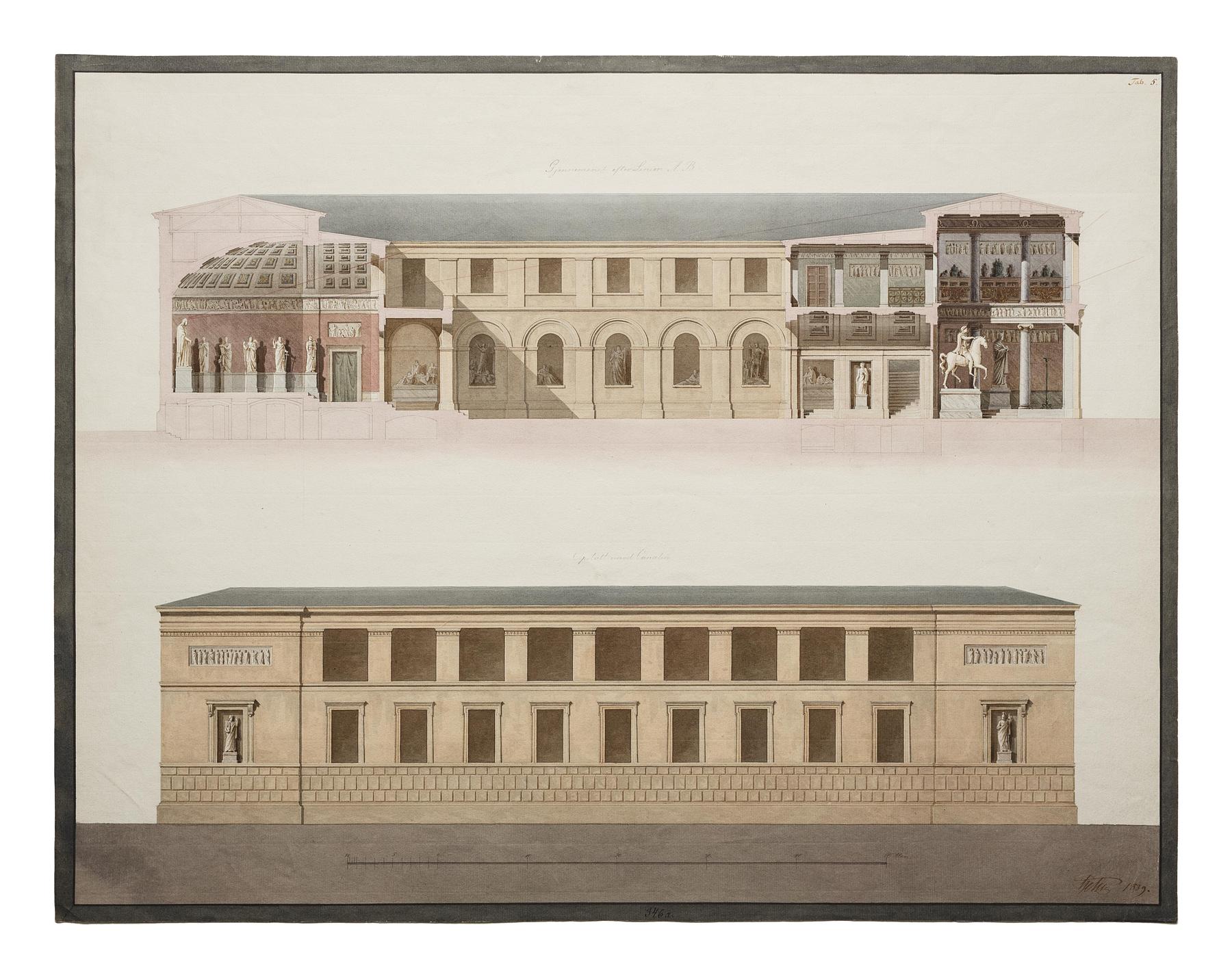 Thorvaldsens Museum, Longitudional Section and Elevation of the Facade towards the Chanal, D1617