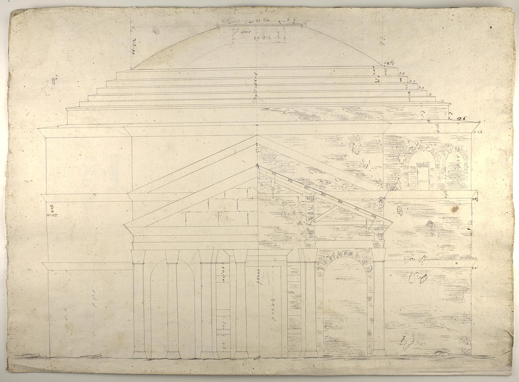 Pantheon, Elevation of the Facade and half Longitudional Section of the Entrence Hall, D1077