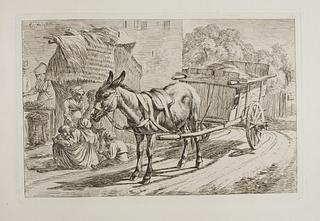 E665,2 Donkey Harnessed to a Cart
