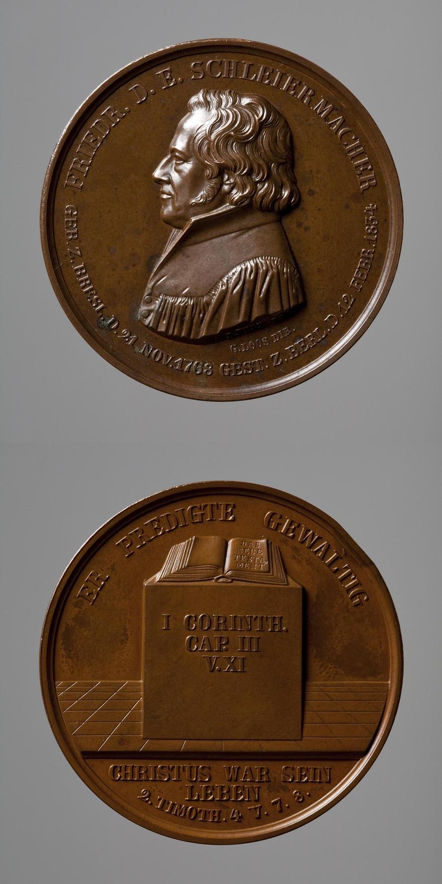 Medal obverse: Friedrich Schleiermacher. Medal reverse: The Holy Bible on a plinth, F92