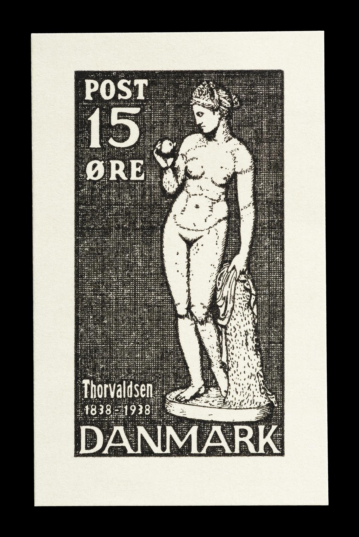 Prøvetryk af udkast til et dansk frimærke med Thorvaldsens Venus med æblet, E2341,2