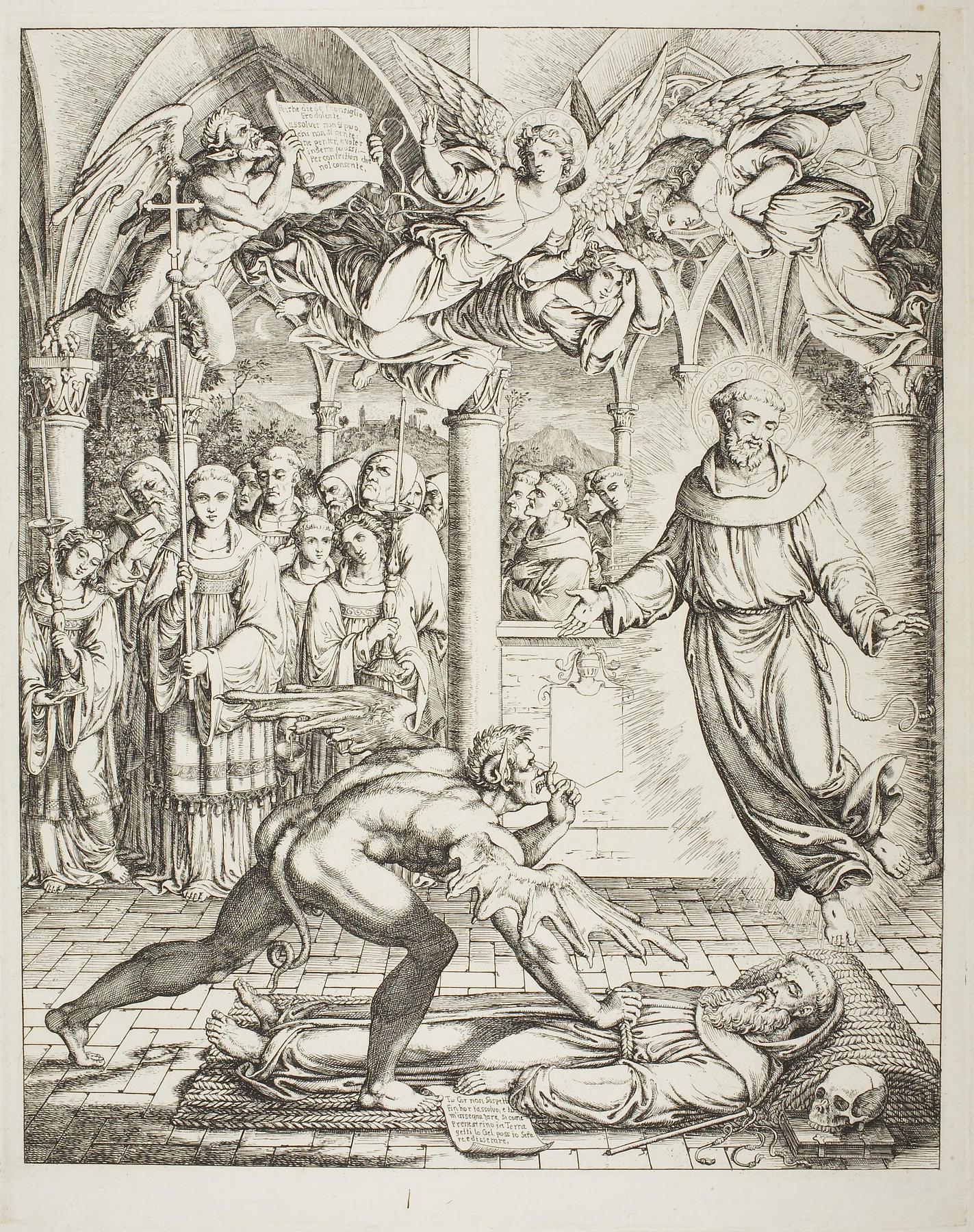 Sankt Frans og djævlen i kamp om Guido da Montefeltros sjæl, ottende kreds Bolgia 8, E783