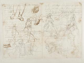 C144v Figure studies for the Monument to Johann Philipp Bethmann-Hollweg. Sketches for the Architectural Design of this Monument. Mercury or Seated model