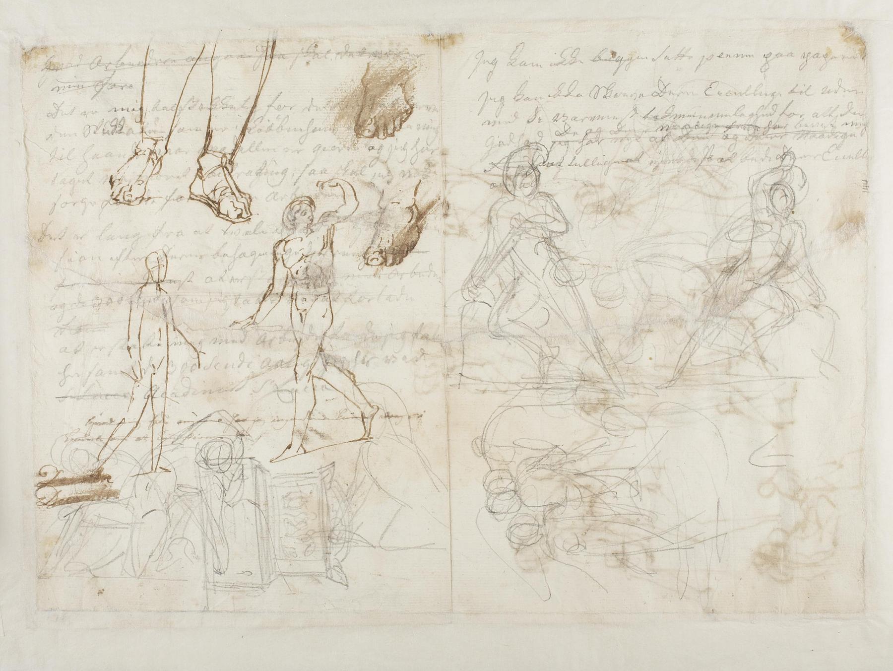 Figure studies for the Monument to Johann Philipp Bethmann-Hollweg. Sketches for the Architectural Design of this Monument. Mercury or Seated model, C144v