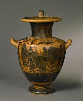 H574 Hydria with wedding procession (body) and Herakles fighting the Nemean lion (shoulder)