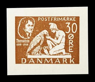 E2341,11 Prøvetryk af udkast til et dansk frimærke med Thorvaldsens Ganymedes med Jupiters ørn