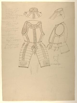 D1546 Cuirass, Cuisses and Gorget from Armour, Front and Left Side. Horseman in Armour
