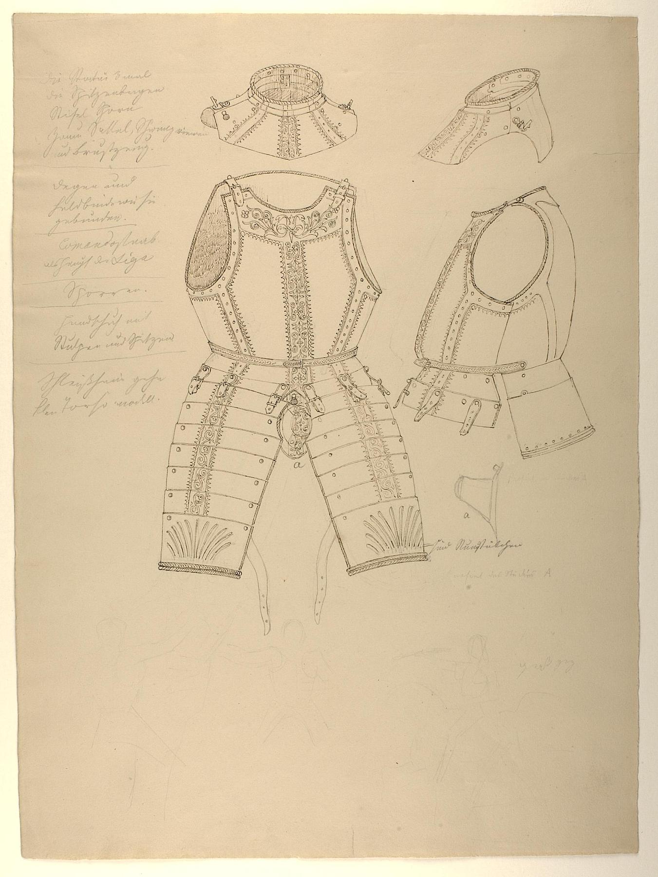 Cuirass, Cuisses and Gorget from Armour, Front and Left Side. Horseman in Armour, D1546