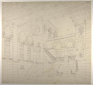 D912 Middelalderlig fængselsbygning, perspektivisk tegning til en teaterdekoration