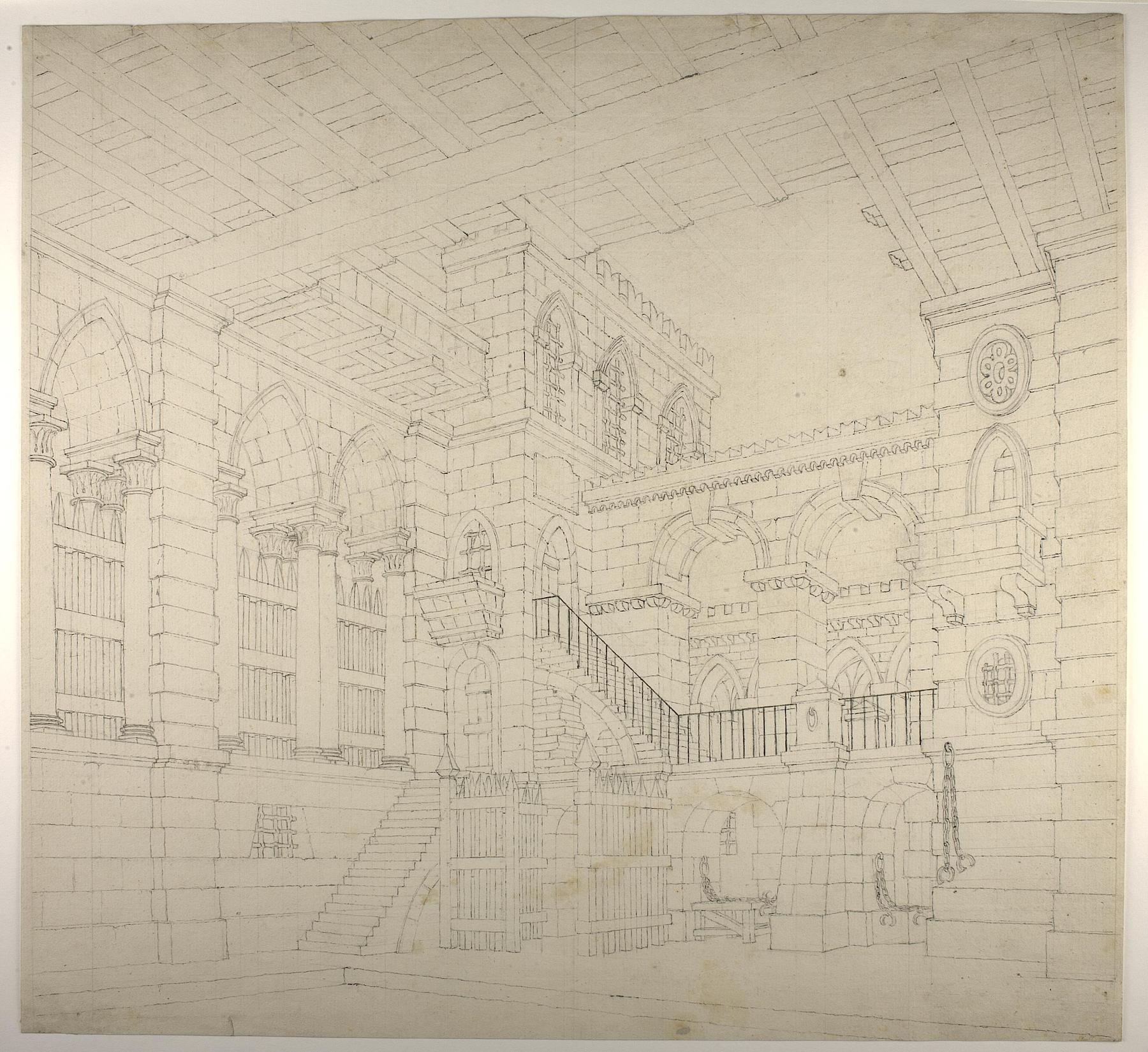 Middelalderlig fængselsbygning, perspektivisk tegning til en teaterdekoration, D912