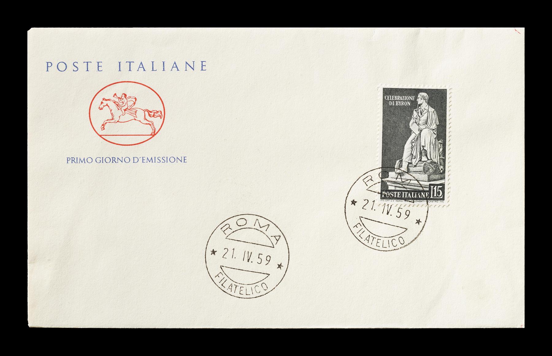 Førstedagskuvert med italiensk frimærke med Thorvaldsens statue af George Gordon Byron, E2363