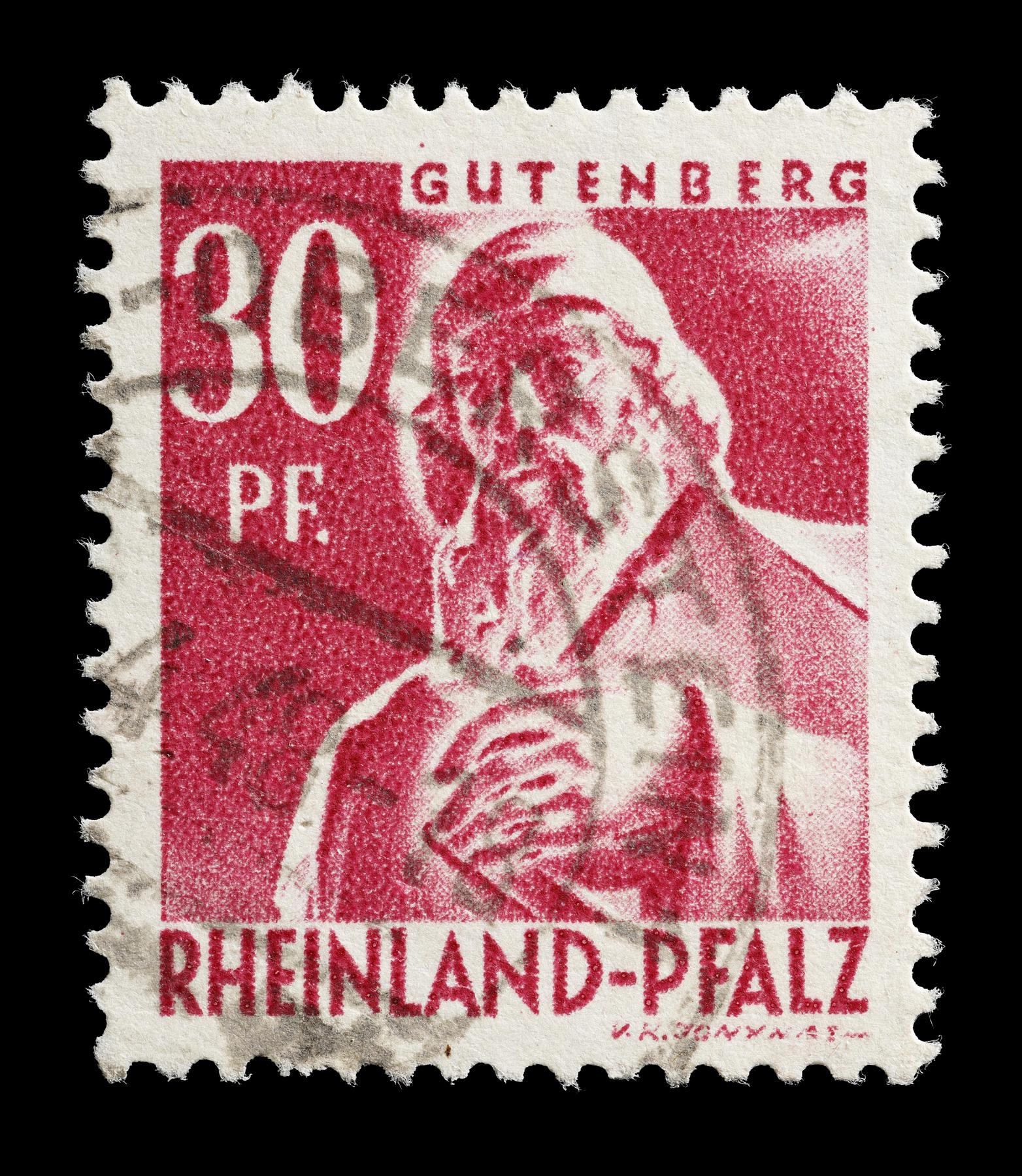 Frimærke udgivet i den franske besættelseszone, Rheinland-Pfalz med Thorvaldsens statue af Johann Gutenberg, E2359