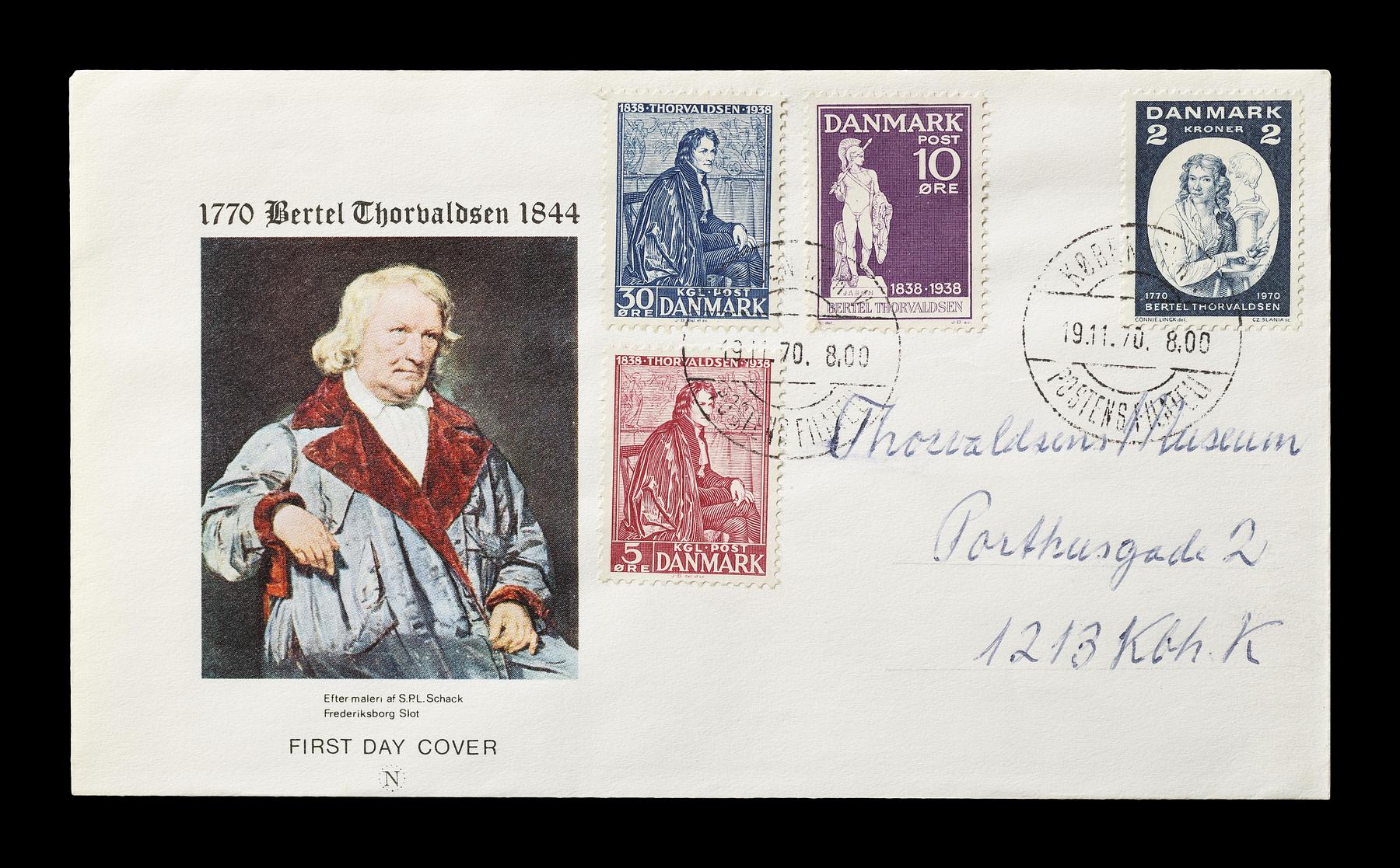 Førstedagskuvert med Thorvaldsen-frimærker på billedhuggernes 200-års fødselsdag, 19.11.1970, E2355