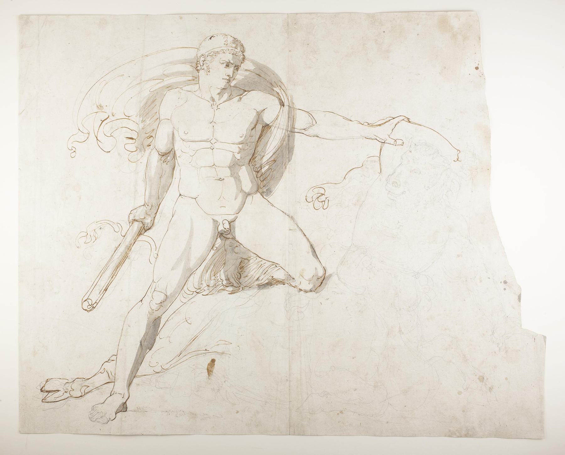 En hero (Theseus?) i kamp med Minotaurus. Charons båd, C702r