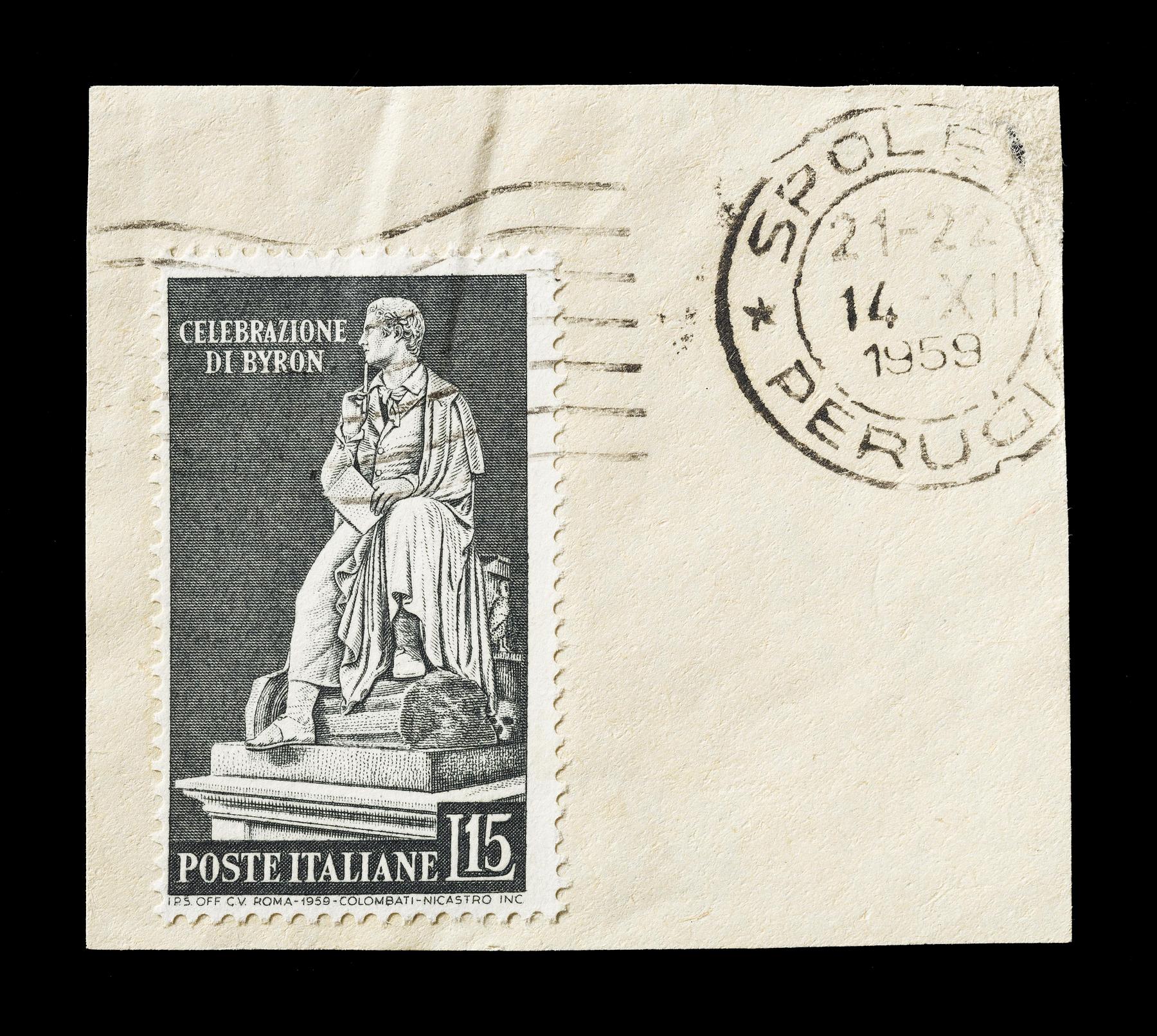 Italiensk frimærke med Thorvaldsens statue af George Gordon Byron, E2364