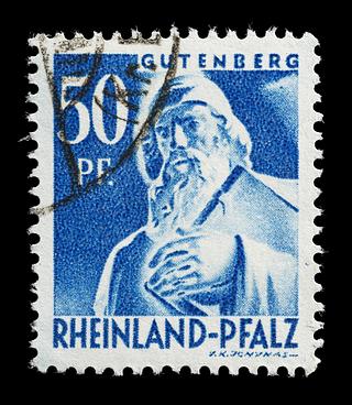 E2361 Frimærke udgivet i den franske besættelseszone, Rheinland-Pfalz med Thorvaldsens statue af Johann Gutenberg