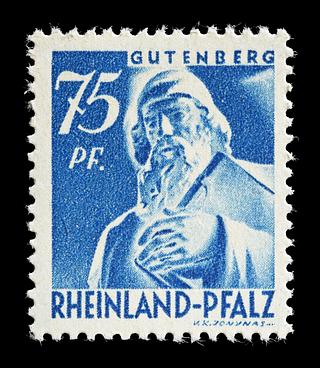 E2360 Frimærke udgivet i den franske besættelseszone, Rheinland-Pfalz med Thorvaldsens statue af Johann Gutenberg