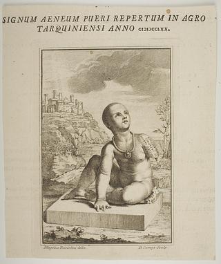 E1430 Landscape with copper statuette of a seated boy