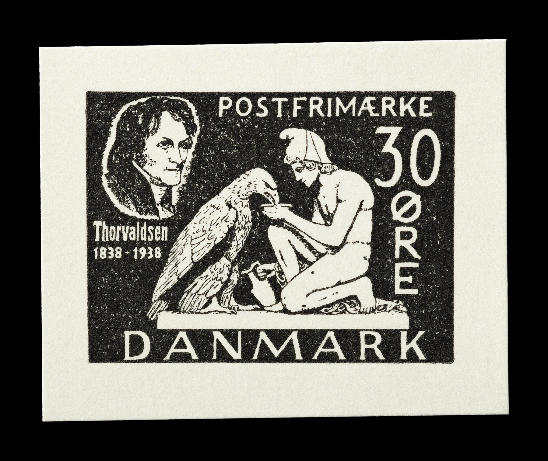 Prøvetryk af udkast til et dansk frimærke med Thorvaldsens Ganymedes med Jupiters ørn, E2371