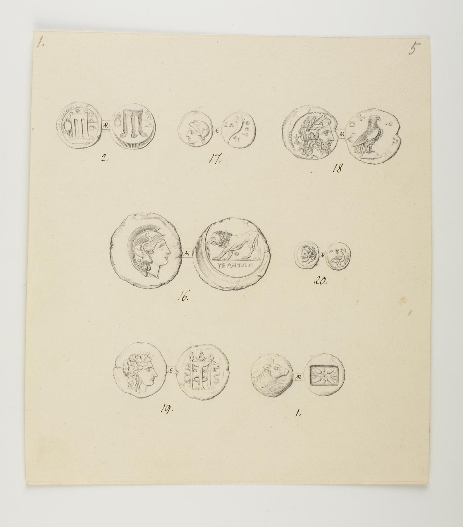 For- og bagside af syv mønter fra Thorvaldsens møntsamling, D927