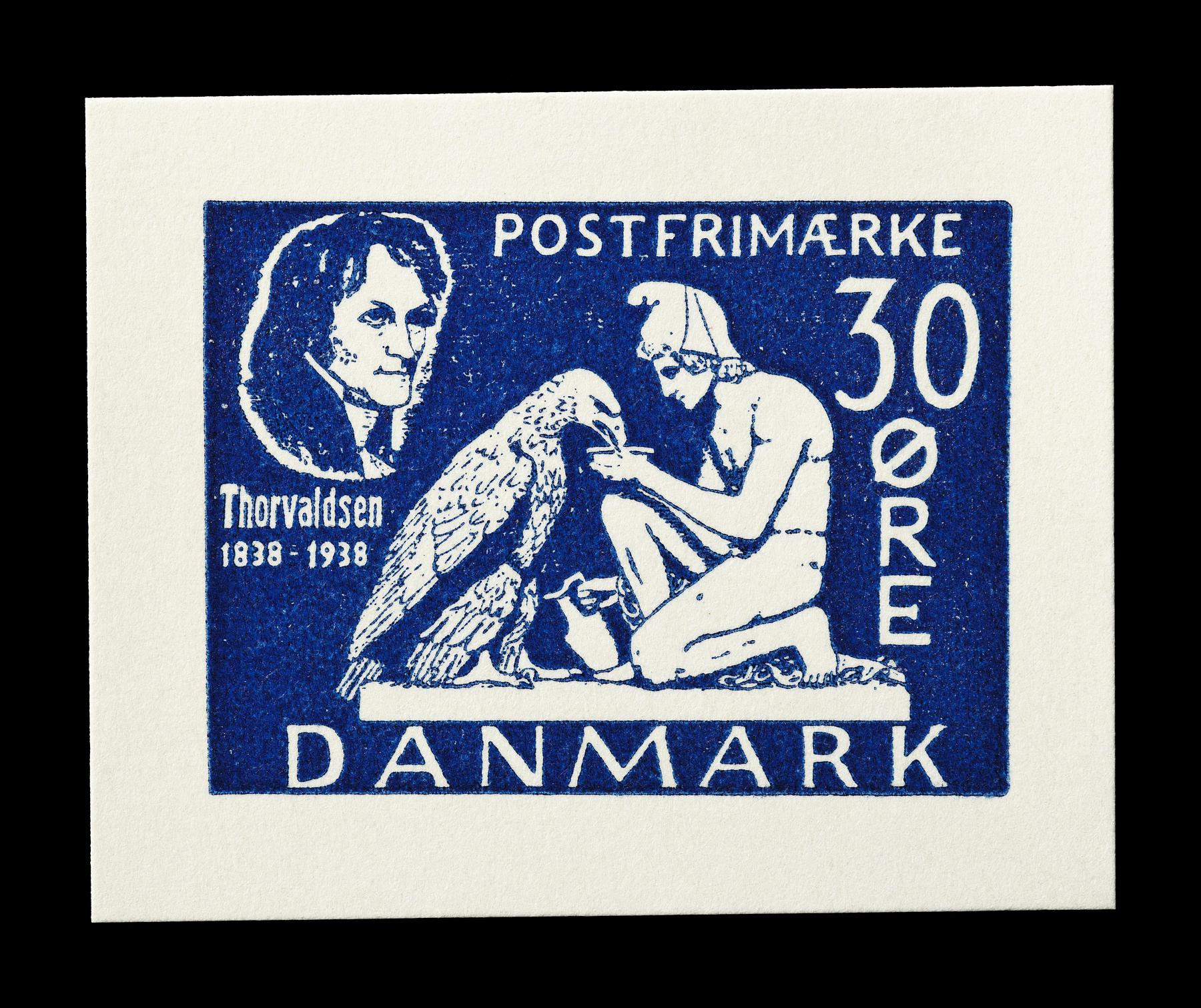 Prøvetryk af udkast til et dansk frimærke med Thorvaldsens Ganymedes med Jupiters ørn, E2370