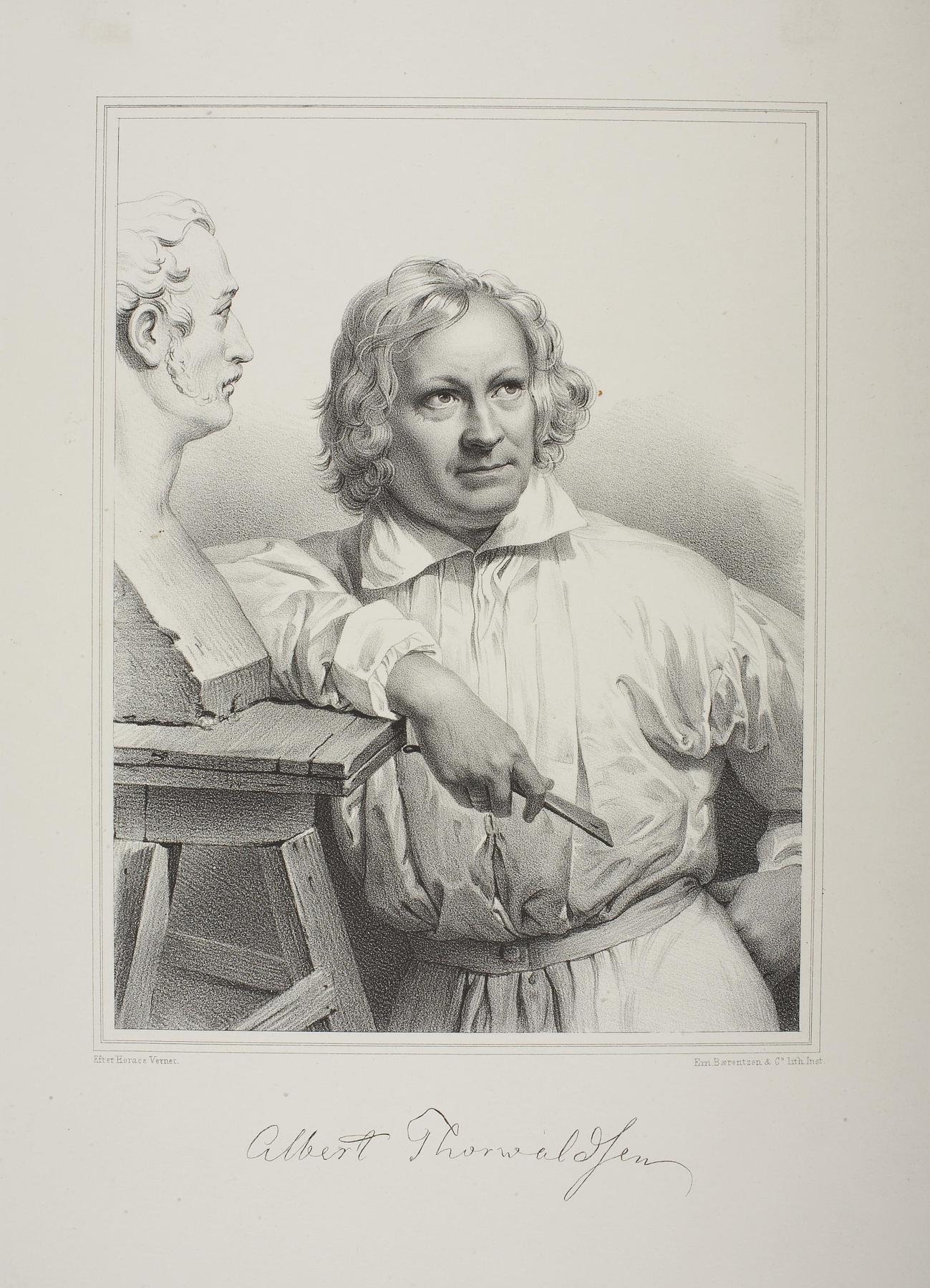 Portrait of Thorvaldsen modelling the bust of Vernet, E21