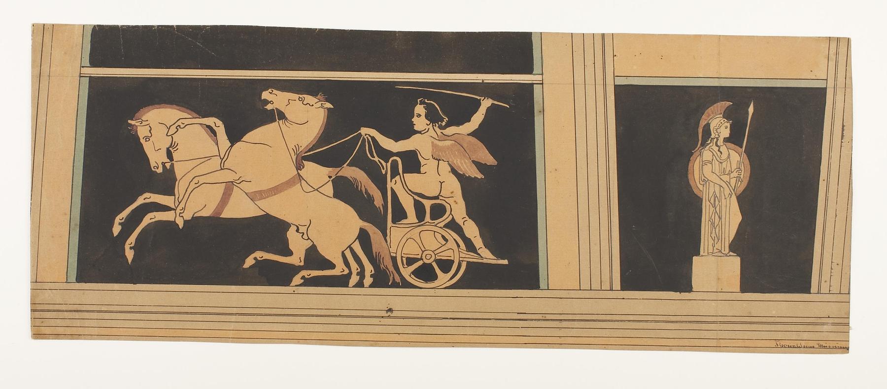 Amorin på vogn med en stejlende og en springende hest. Minerva, D1797