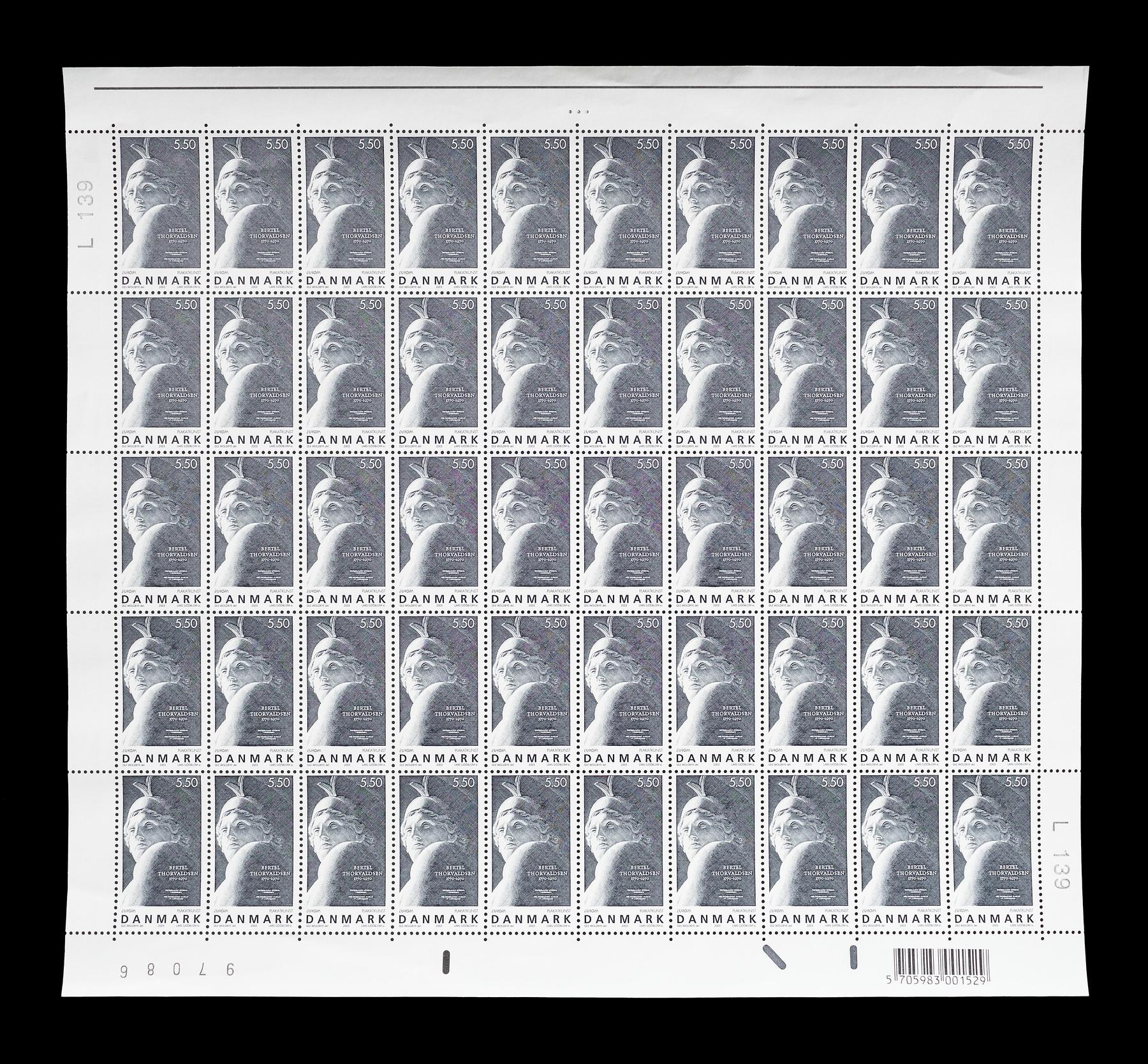 Sheet of 50 Danish stamps with Thorvaldsen's Jason with the golden skin, E2337