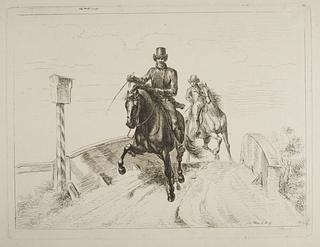 E668 Two Riders at a Galop on a Bridge