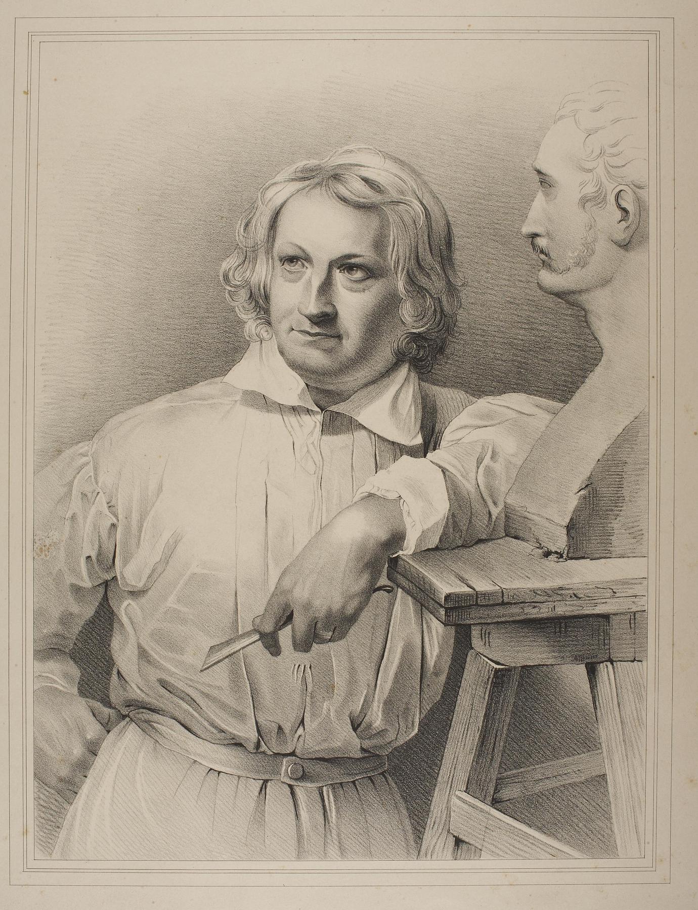 Portrait of Thorvaldsen modelling the bust of Vernet, E2091