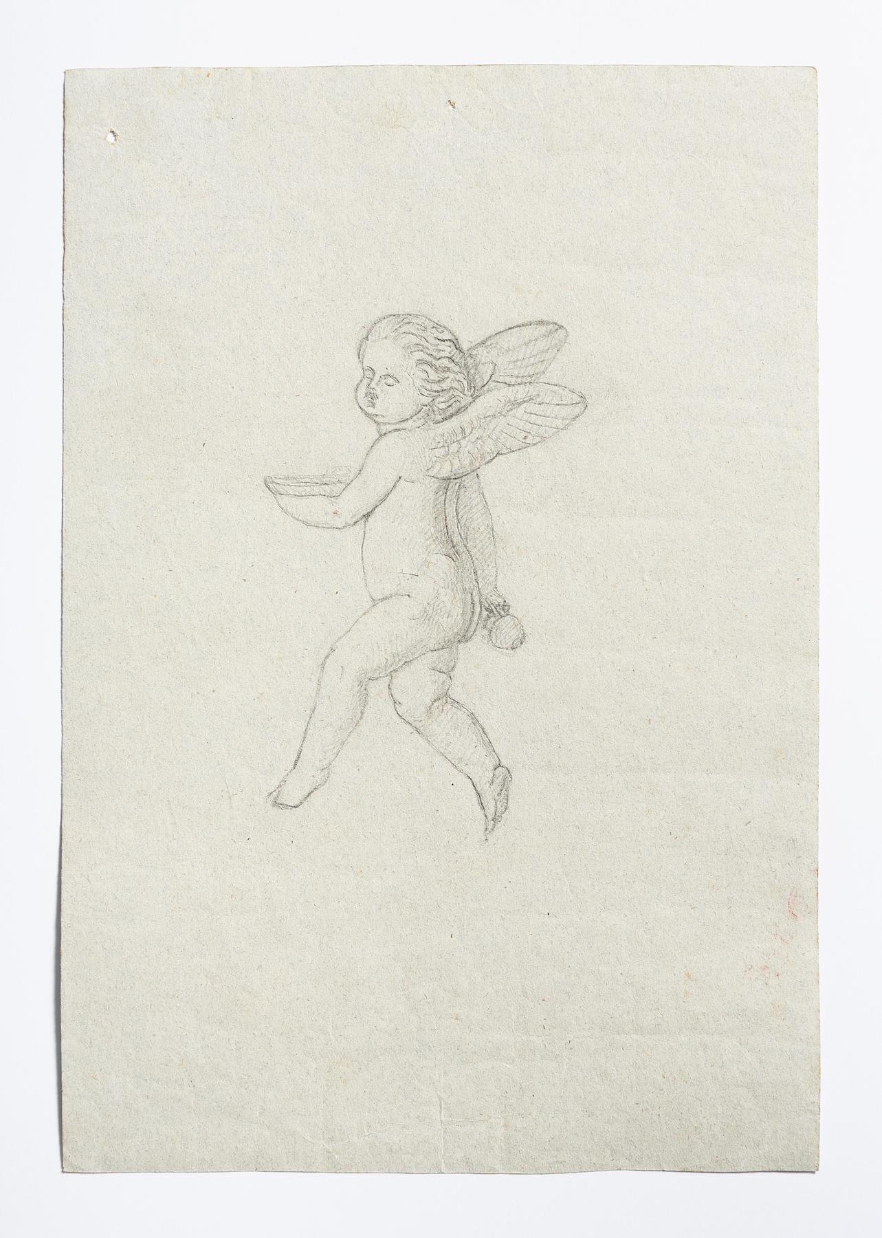 Hovering Cupid with cup and pot, D1654r