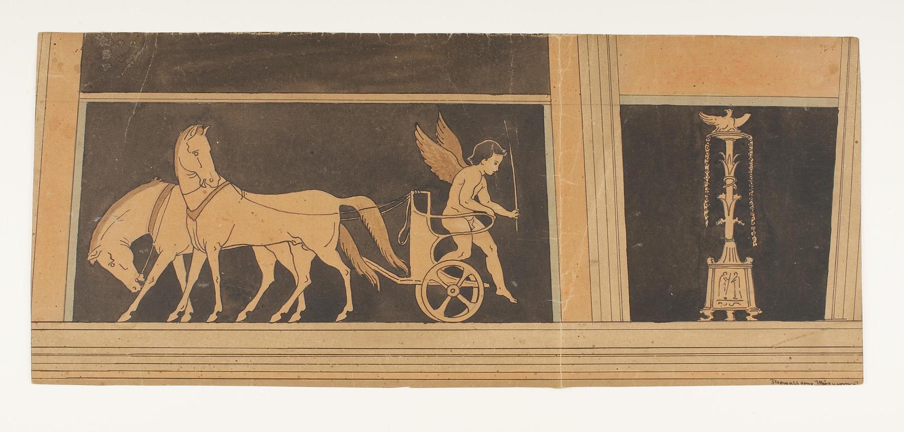 Amorin stiger af hestevæddeløbsvogn. Kandelaber, D1788
